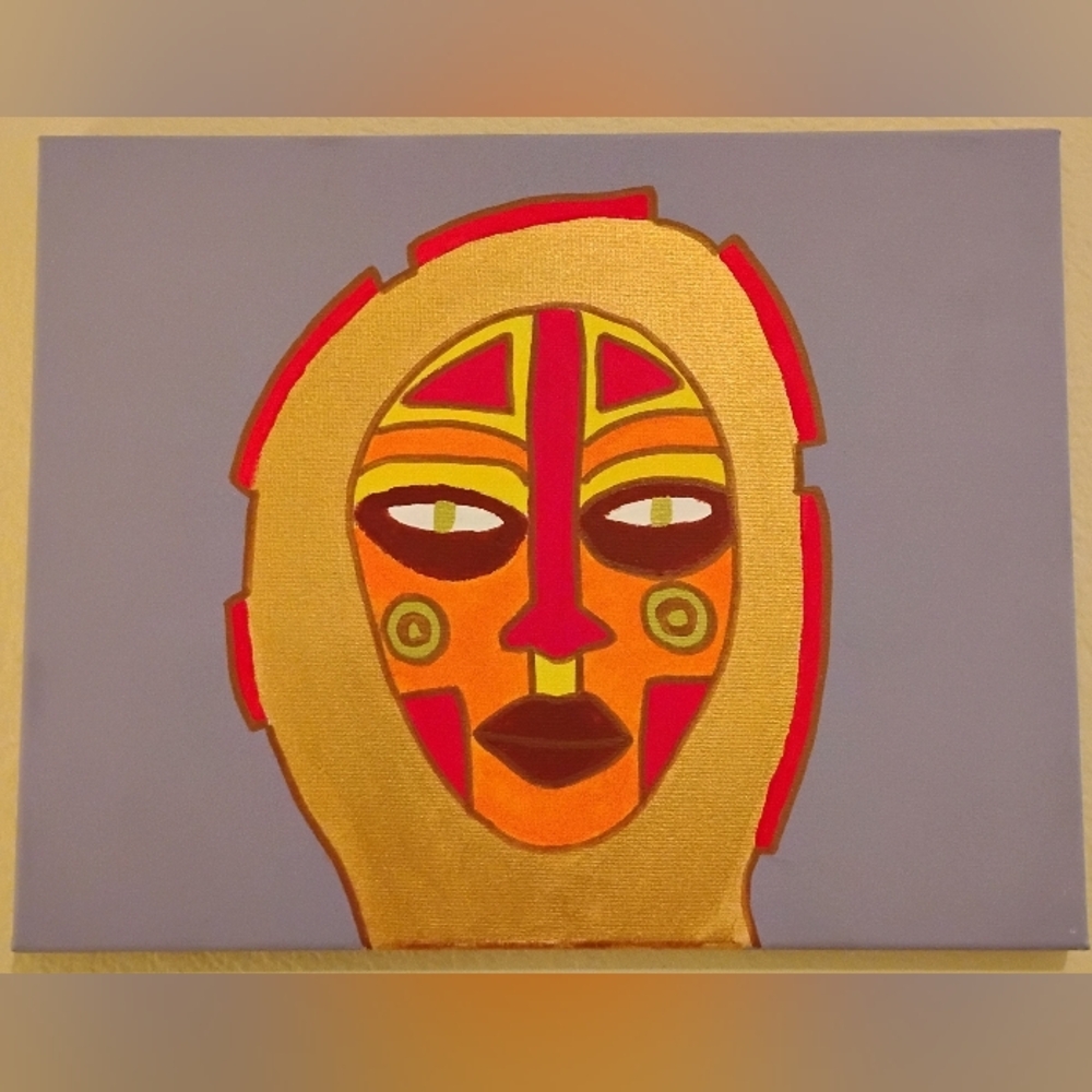 Abstract Tribal Mask Canvas Art in Gold, Red, Orange